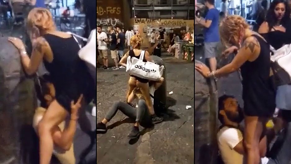 Une nana bourrée se fait manger la chatte en plein centre ville