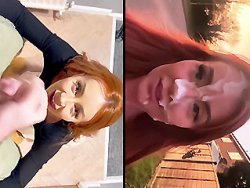 facial, rouquine - Rouquine française avale tout et sort dans la rue le visage couvert de sperme