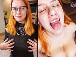 fellation, rouquine - Une rouquine salope aux gros seins en train de sucer son plan cul