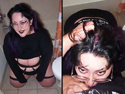 fellation, grosse bite - Une gothique obèse et soumise en train de sucer son mec