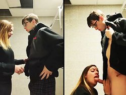 fellation, grosse bite - Une coquine suce la queue d'un puceau dans les toilettes