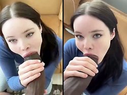 fellation, grosse bite - Cette jolie brune aux yeux bleus suce une bite énorme de black