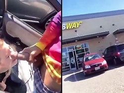 facial, rouquine - Une rouquine se prend un facial sur le parking du Subway