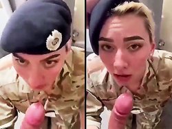 fellation, exhibition - Une militaire agenouillée pour sucer une queue