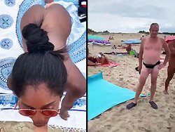 black, exhibition - Elle pompe la bite de son mec sur une plage naturiste